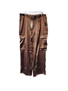 D2 Womens Brown Wide-Leg Satin Pants With Pockets Size 20W Elastic Waist